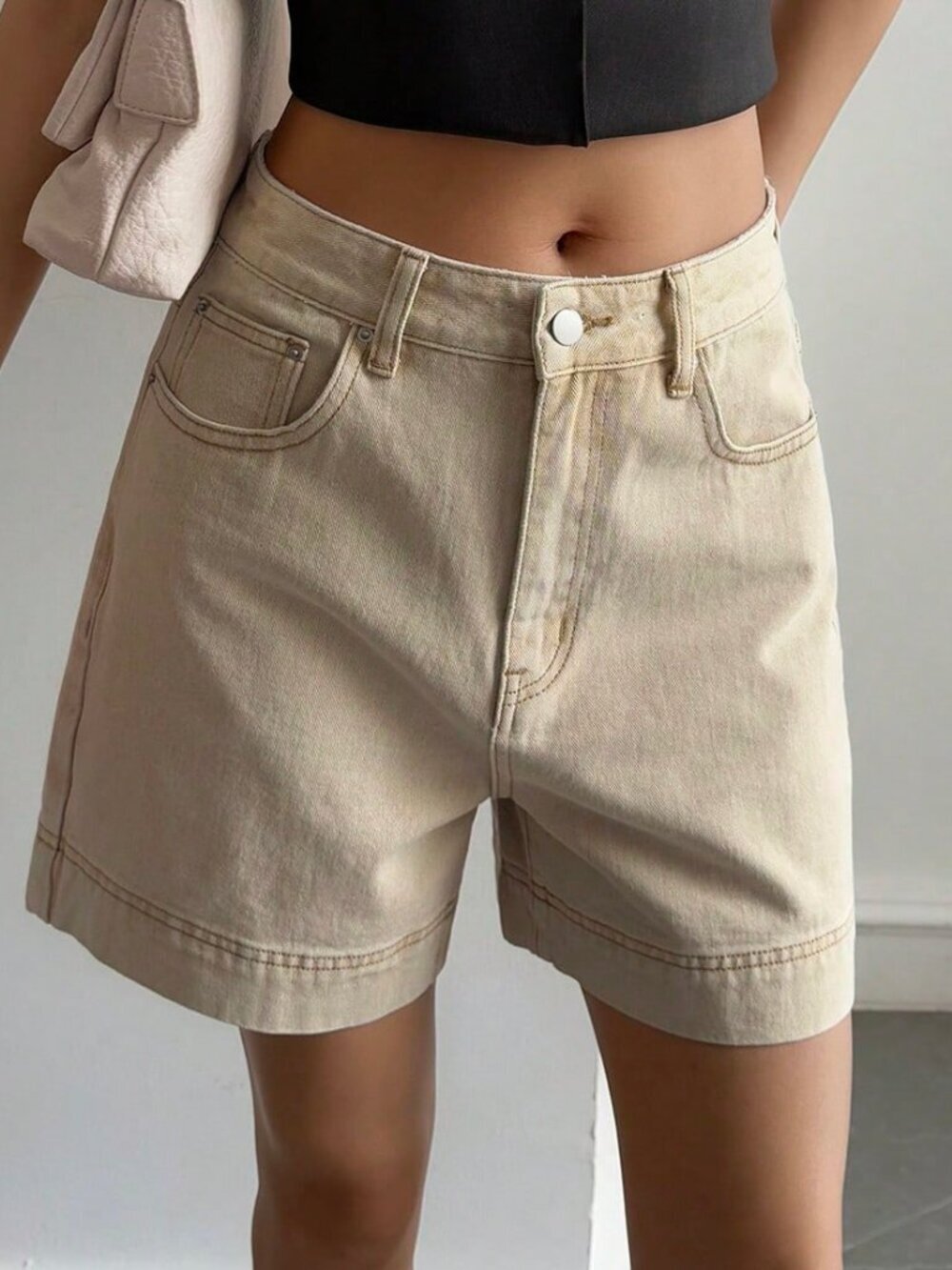 Khaki Casual Women's High Waist Denim Jorts - Picture 3 of 7